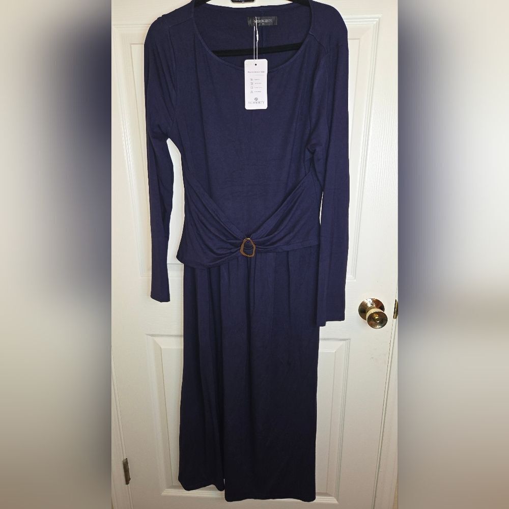 NWT Merokeety XL Navy Blue  Longsleeves Women's Maxi Dress